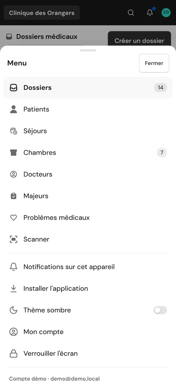 Le menu de l'application sur un téléphone