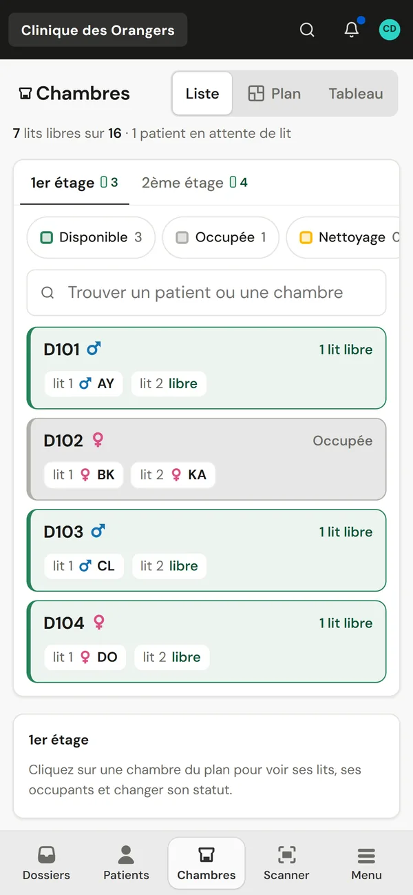 Le plan des chambres sur un téléphone