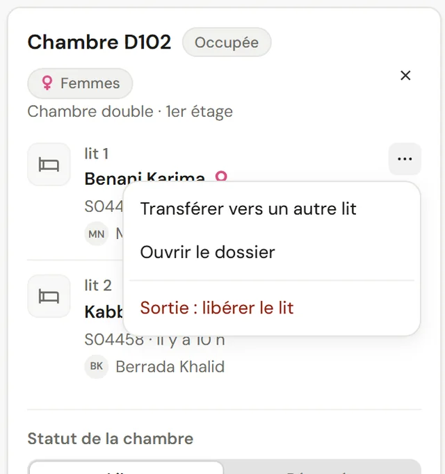 Le menu d'un lit : transférer, ouvrir le dossier, sortie